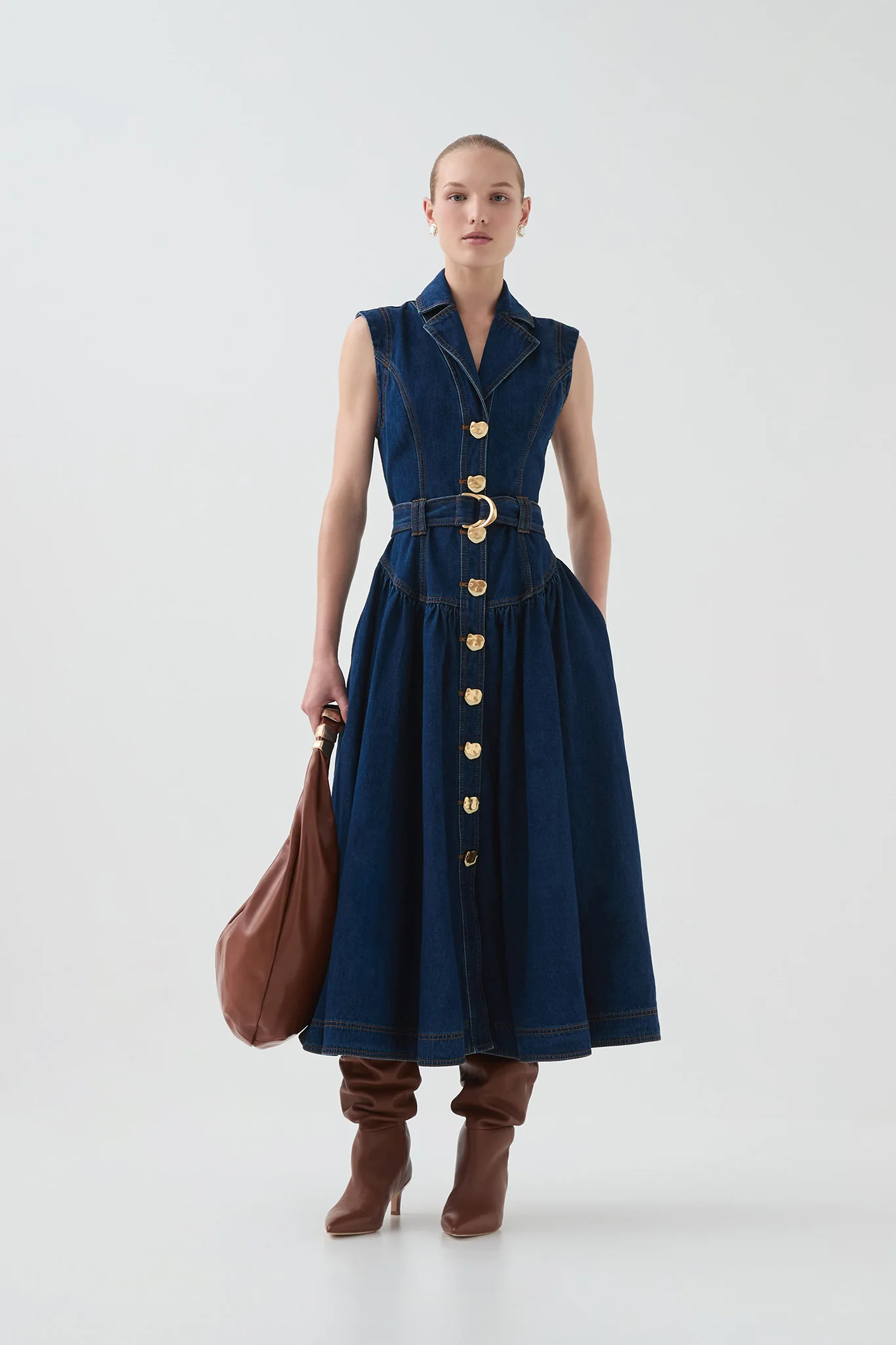 Elena Belted Denim Midi Dress - Image 3