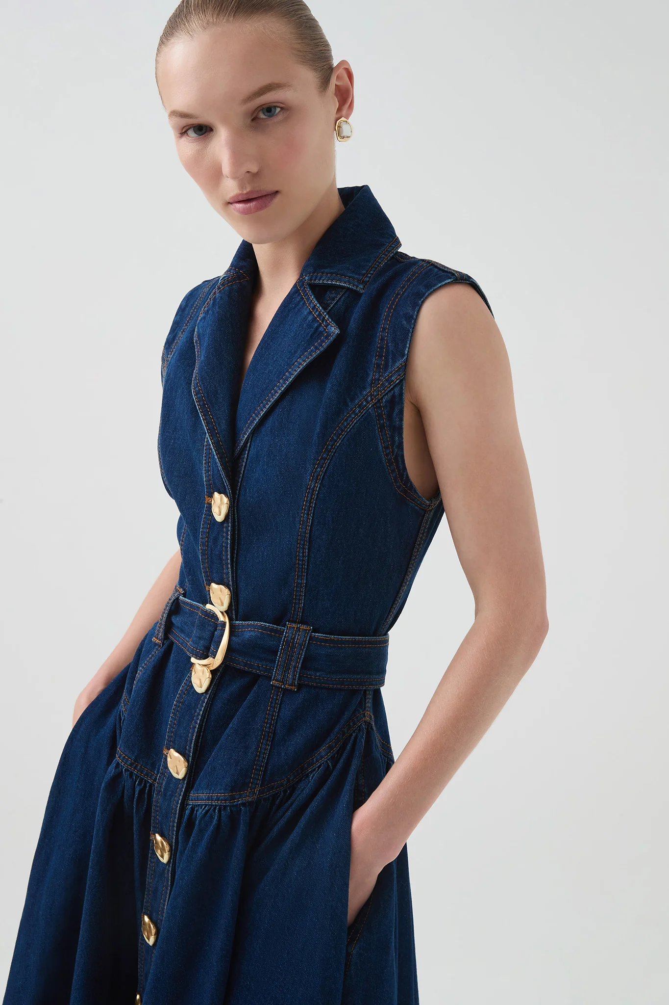 Elena Belted Denim Midi Dress - Image 4