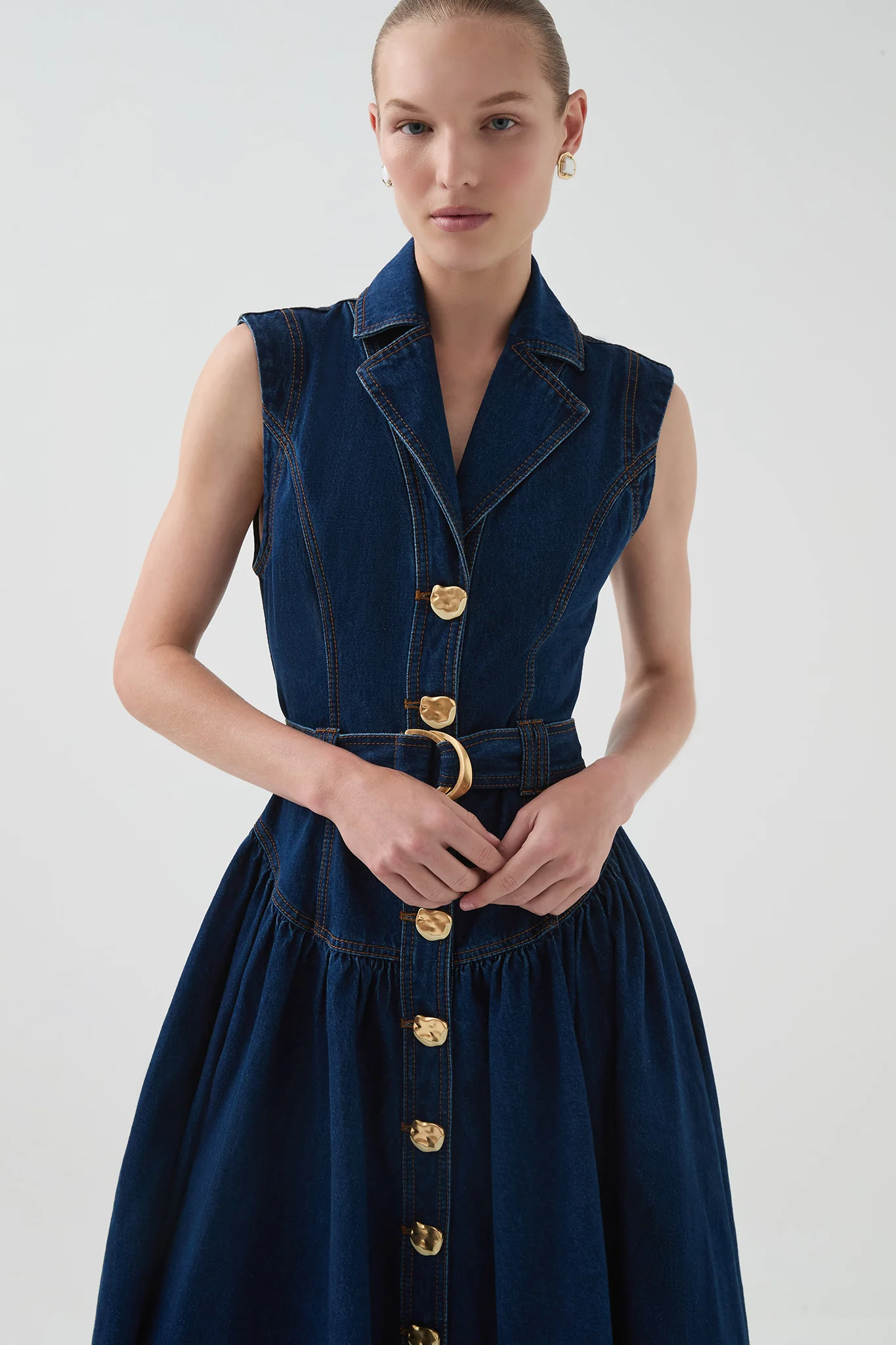Elena Belted Denim Midi Dress - Image 5
